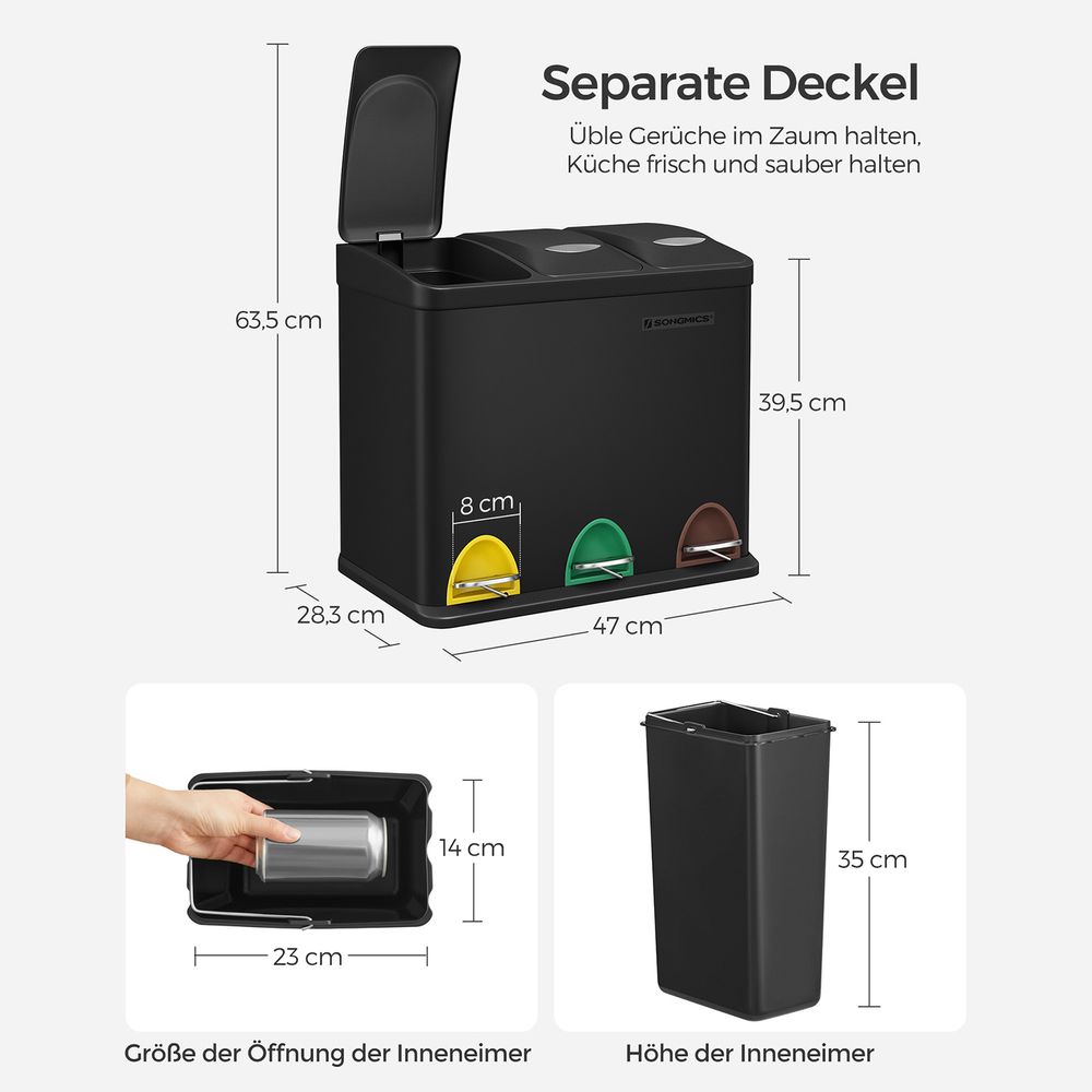 Mülleimer für die Küche, 3-in-1 Abfalleimer, 24 Liter, Mülltrennung, Treteimer aus Metall, Mülltrennsystem, robust, einfach zu reinigen, Stahl, schwarz, SONGMICS LTB24BK