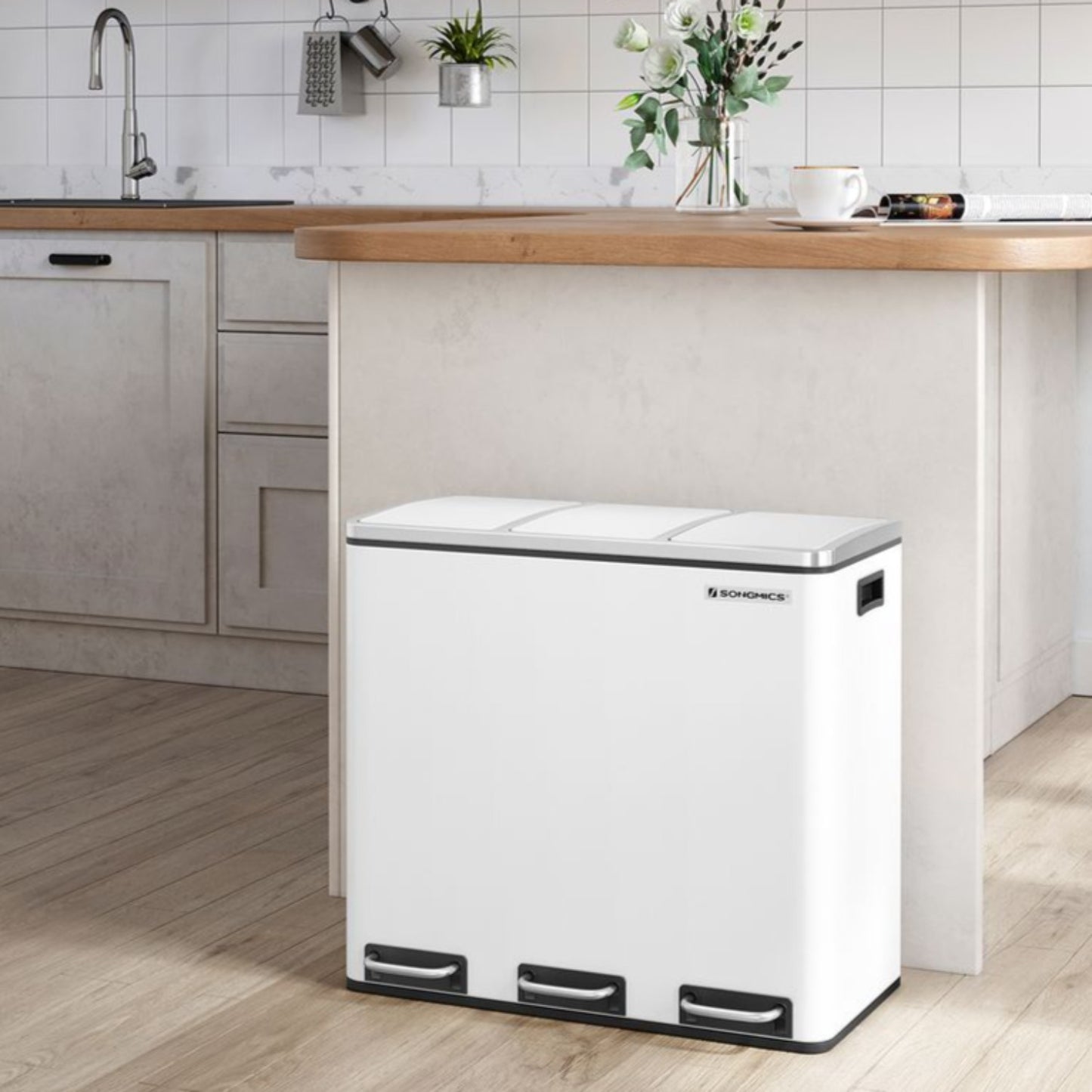 SONGMICS - Mülleimer für die Küche, Mülltrennsystem, 3 x 18 L, Treteimer mit 3 Fächern, Abfalleimer, Softclose, mit Fußpedalen