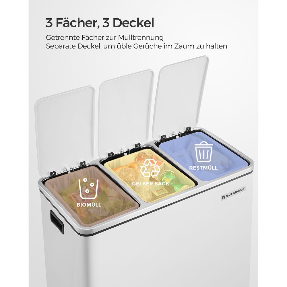 SONGMICS - Mülleimer für die Küche, Mülltrennsystem, 3 x 18 L, Treteimer mit 3 Fächern, Abfalleimer, Softclose, mit Fußpedalen