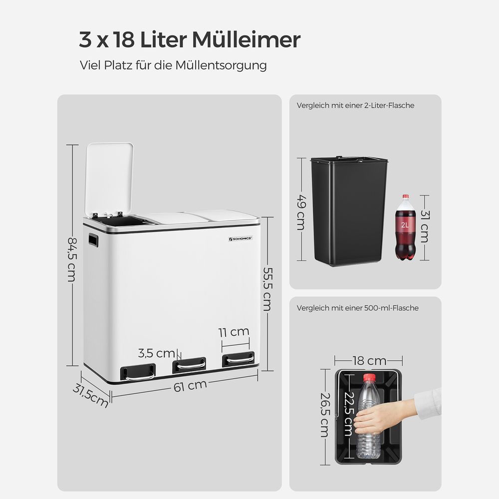 SONGMICS - Mülleimer für die Küche, Mülltrennsystem, 3 x 18 L, Treteimer mit 3 Fächern, Abfalleimer, Softclose, mit Fußpedalen