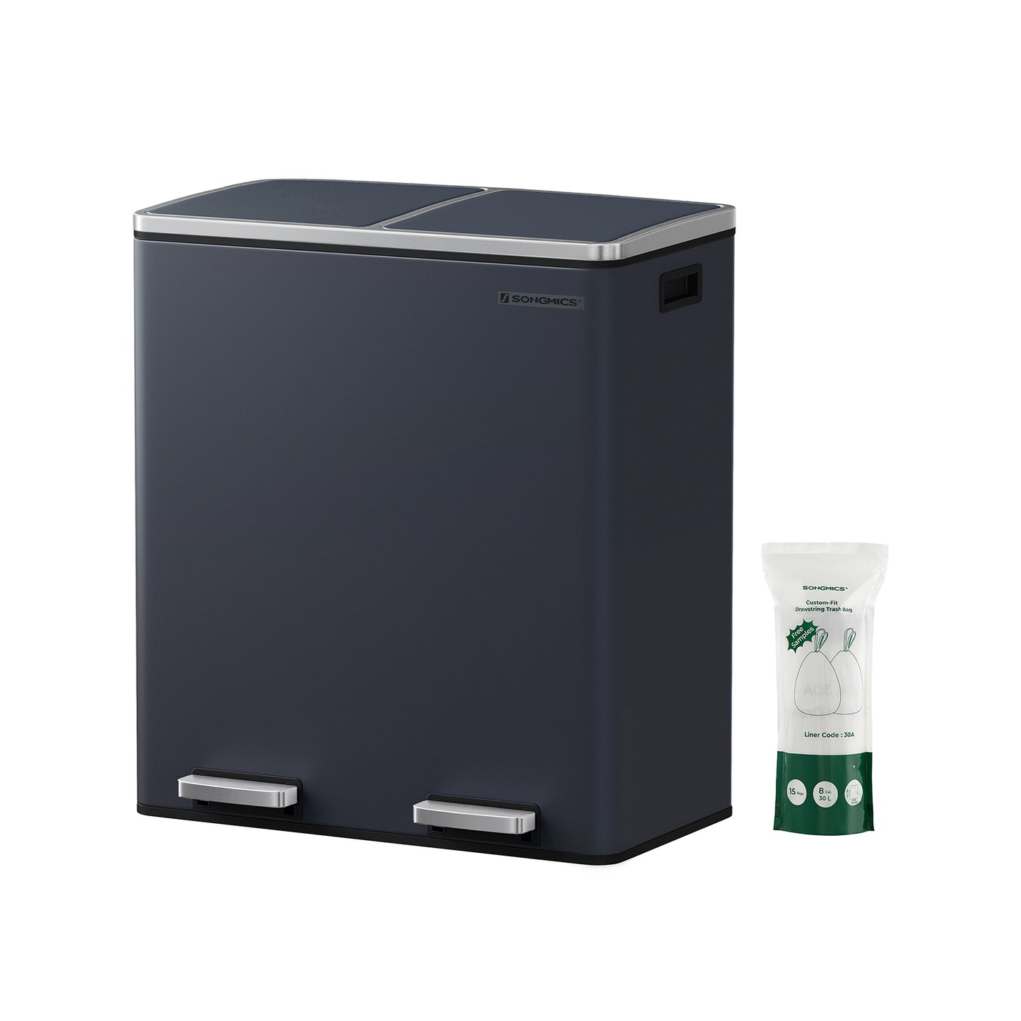 SONGMICS - Mülleimer für die Küche, 2 x 30 L, Abfalleimer mit 2 Fächern, Mülltrennung, Treteimer aus Metall, Inneneimer aus Kunststoff
