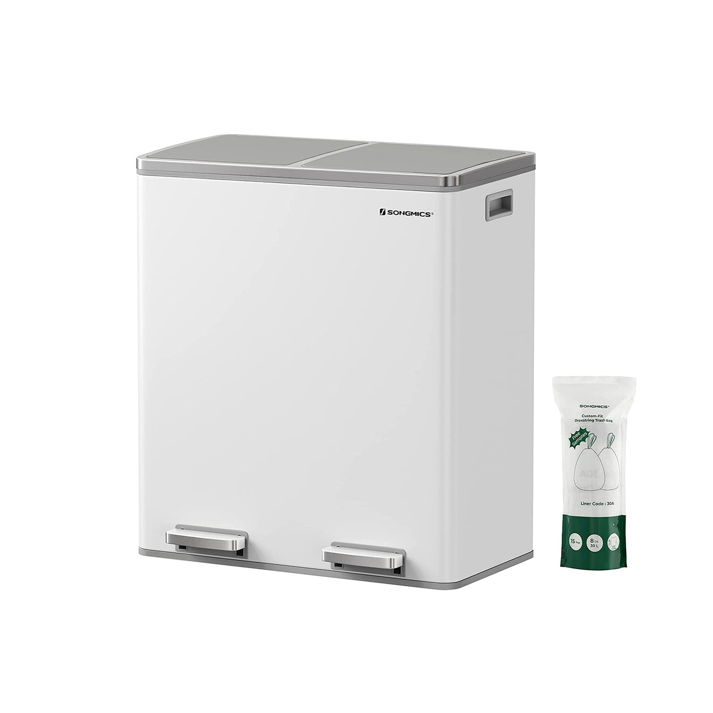 SONGMICS - Mülleimer für die Küche, 2 x 30 L, Abfalleimer mit 2 Fächern, Mülltrennung, Treteimer aus Metall, Inneneimer aus Kunststoff