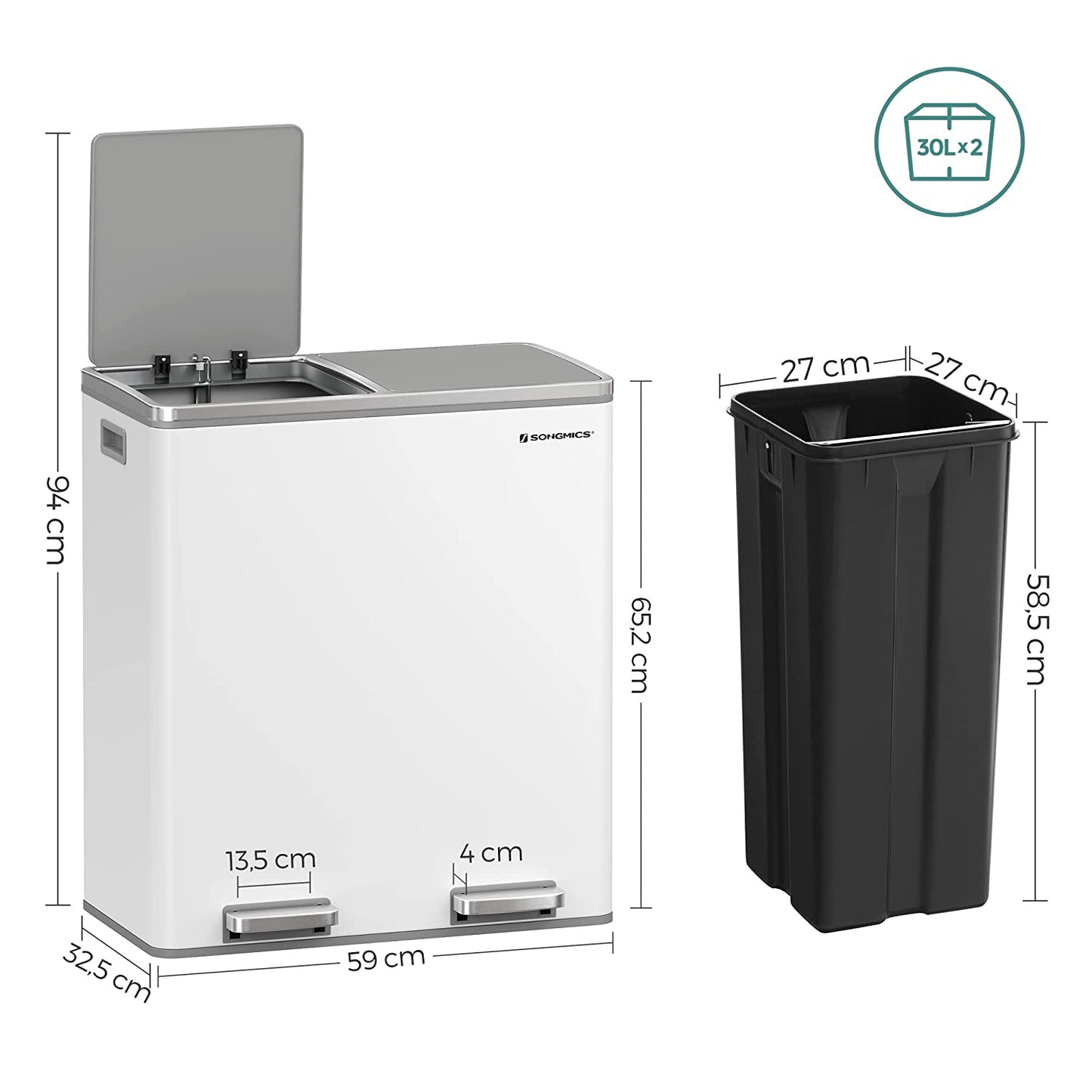 Mülleimer Küche, Mülleimer 2 Fächer, Mülleimer Küche 60l, großer Mülleimer Küche, 2x30 L, Treteimer, Inneneimer, Songmics, 3