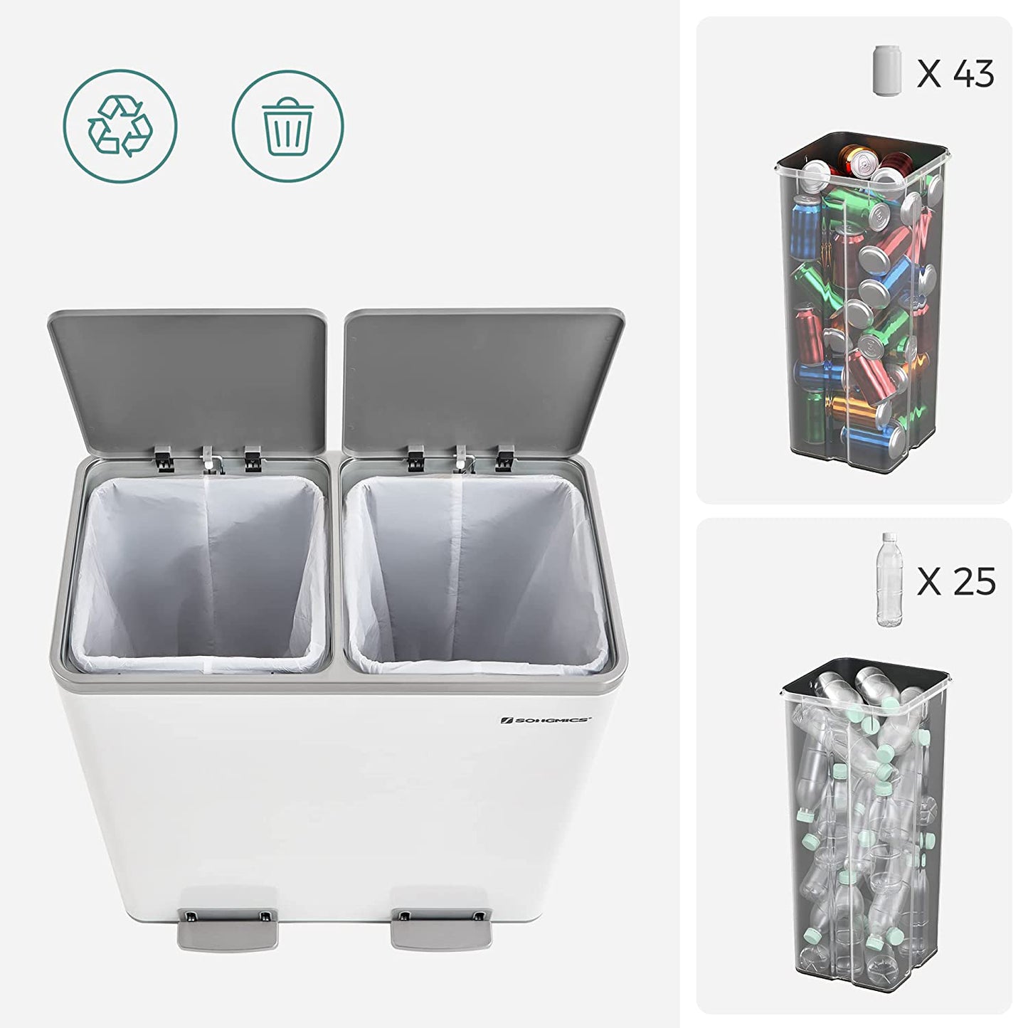 Mülleimer Küche, Mülleimer 2 Fächer, Mülleimer Küche 60l, großer Mülleimer Küche, 2x30 L, Treteimer, Inneneimer, Songmics, 2