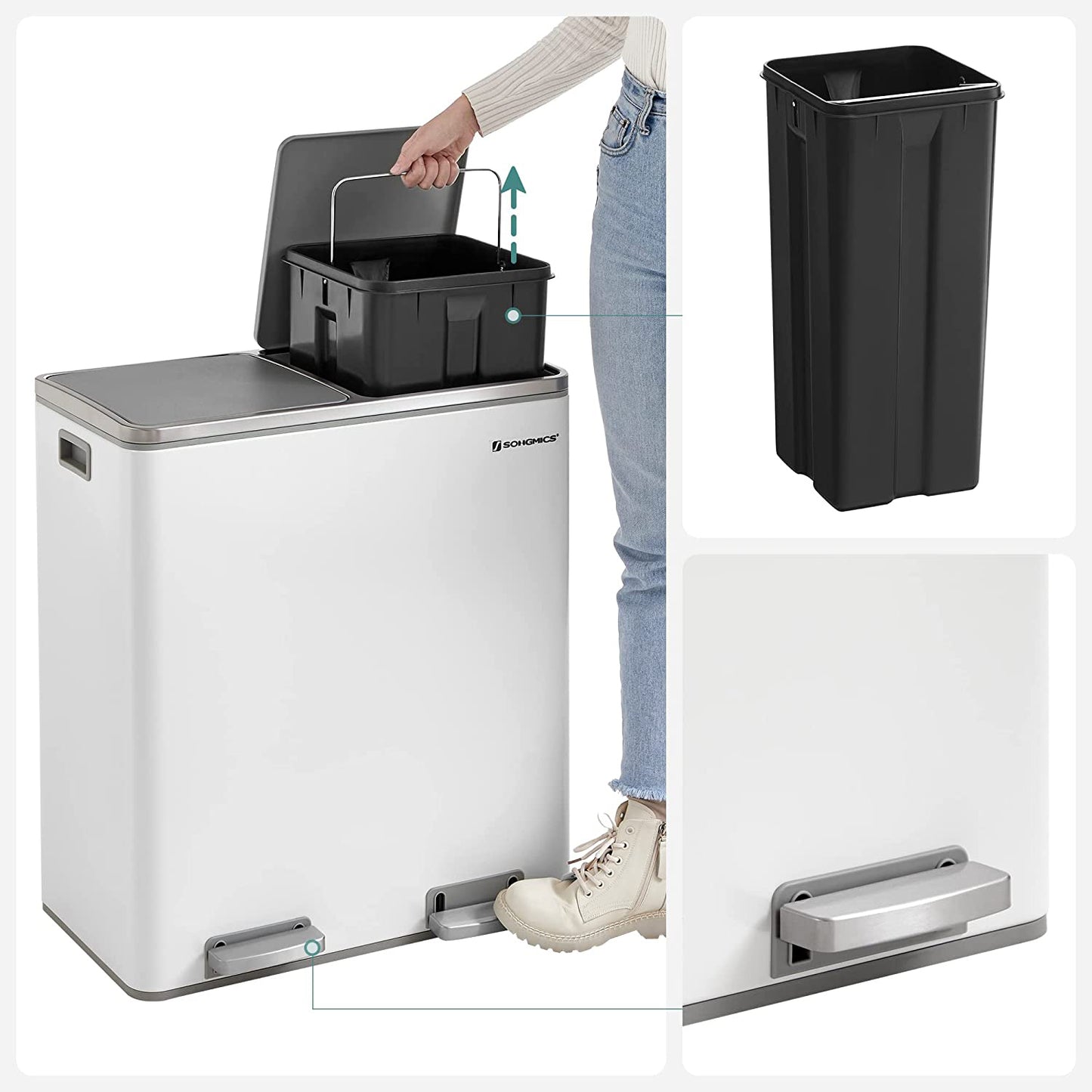 Mülleimer Küche, Mülleimer 2 Fächer, Mülleimer Küche 60l, großer Mülleimer Küche, 2x30 L, Treteimer, Inneneimer, Songmics, 4