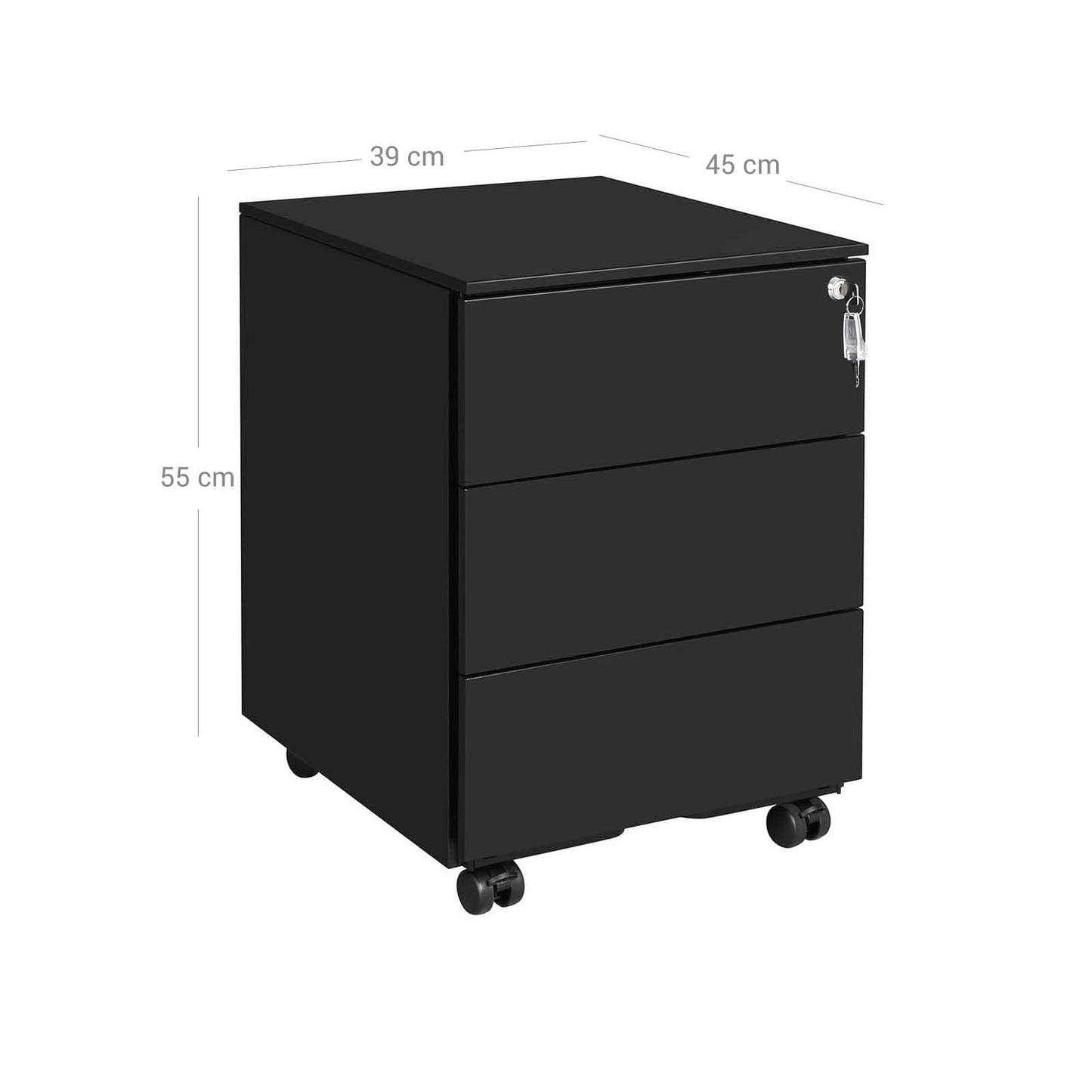 Rollcontainer Büroschrank Bürocontainer Aktenschrank Rollschrank 3 Schubladen, Schwarz - Songmics, H55 x B39 xT45 cm