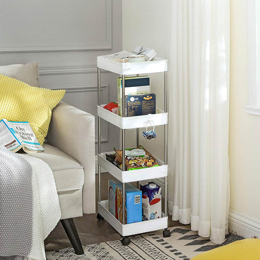 Rollwagen, mit 4 Ebenen, Küchenwagen, auf Rollen, platzsparendes Küchenregal und Badregal, für die Küche, weiß, 2