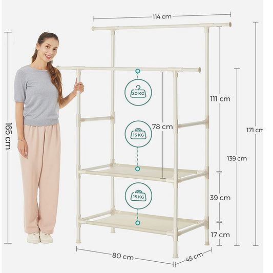 SONGMICS - Kleiderständer, Garderobenständer, aus Metall, mit 2 Kleiderstangen, 2 Ablagen, bis 70 kg belastbar, einfache Montage, weiß