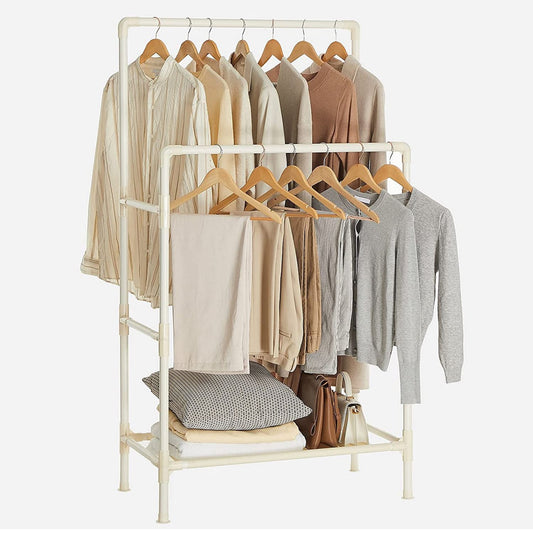 Kleiderständer, Garderobenständer, aus Metall, mit 2 Kleiderstangen, 1 Ablage, bis 55 kg belastbar, einfache Montage, weiß