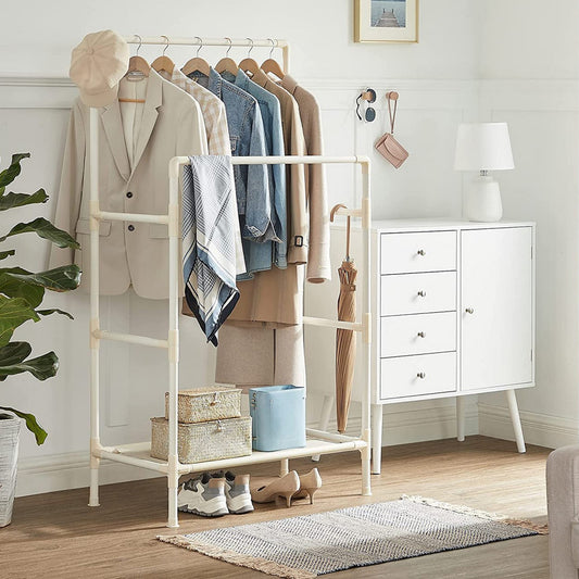 Kleiderständer, Garderobenständer, aus Metall, mit 2 Kleiderstangen, 1 Ablage, bis 55 kg belastbar, weiß