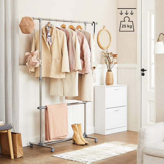 Kleiderständer, Kleiderständer mit Rollen, Kleiderständer höhenverstellbar, ausziehbare, zusätzliche Stange