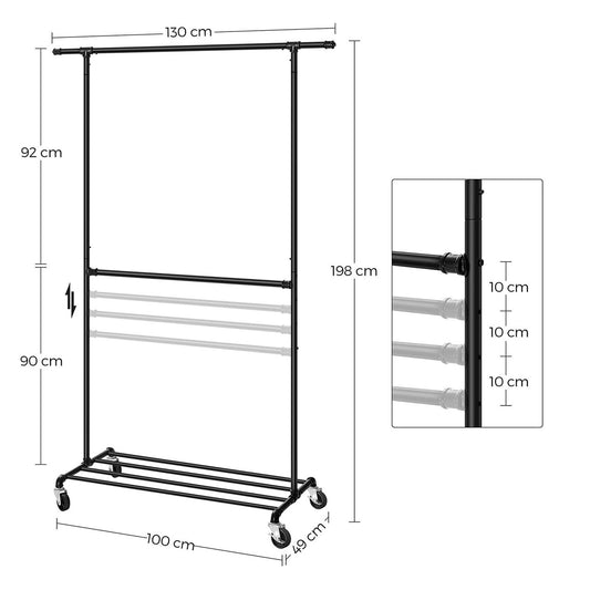SONGMICS - Kleiderständer, Kleiderständer Stabil Schwerlast, bis 110 kg, Garderobenständer auf Rollen, 2 Kleiderstangen, aus Metall, schwarz