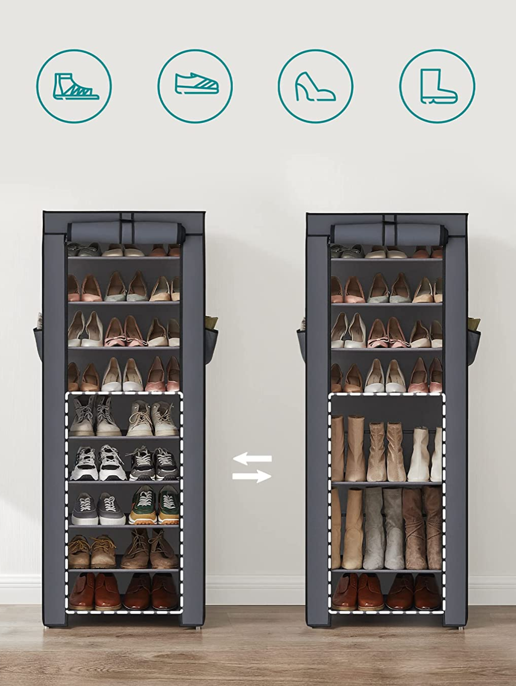 Schuhablage, mit 10 Ebenen, 28x58x160cm, Schuhschrank, Songmics, 9
