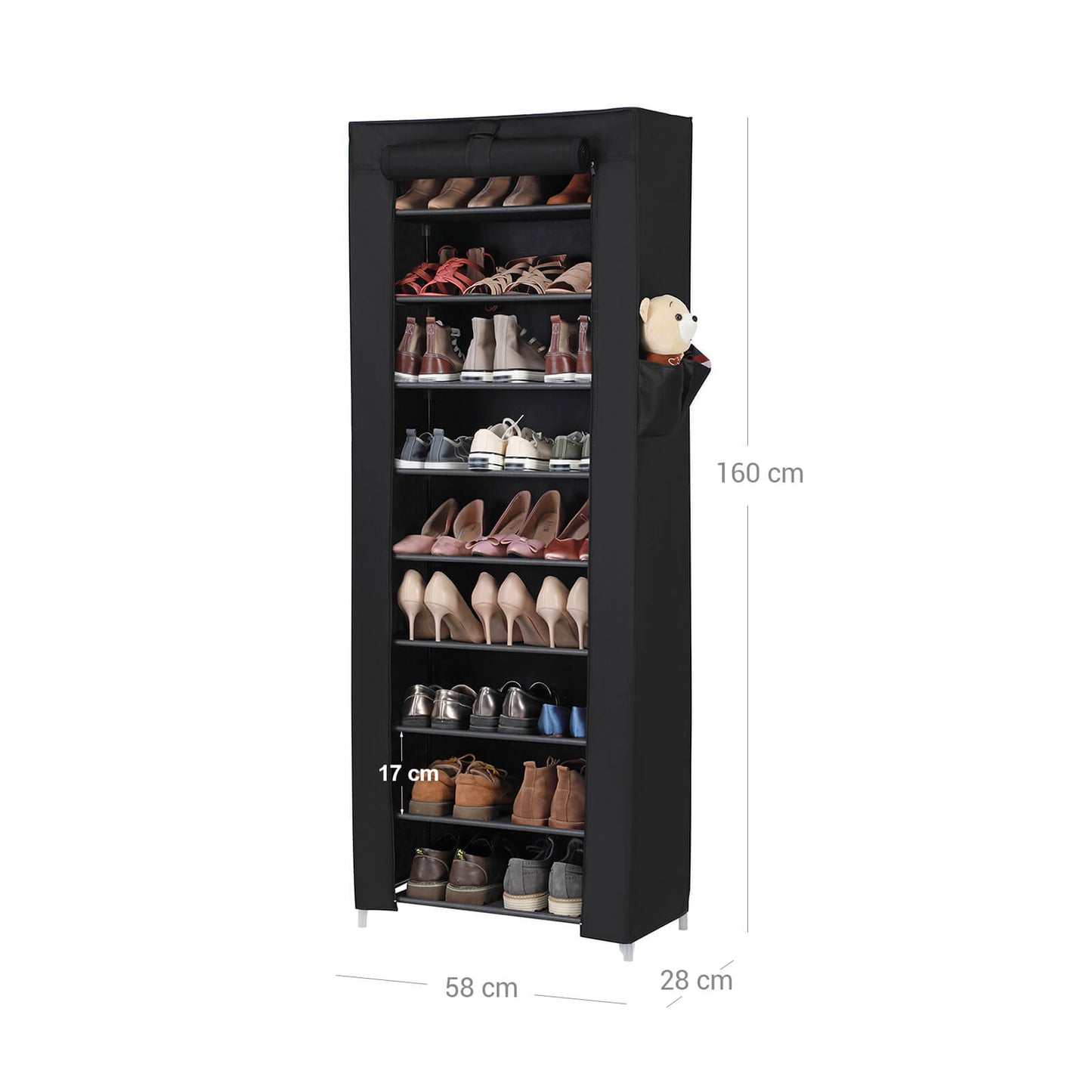 Schuhregal, Schuhschrank, Schuhregal mit 10 Ebenen, Schuhschrank, Schuhständer, 160 x 58 x 28 cm, für ca. 27 paar Schuhe, schwarz, Songmics, 6