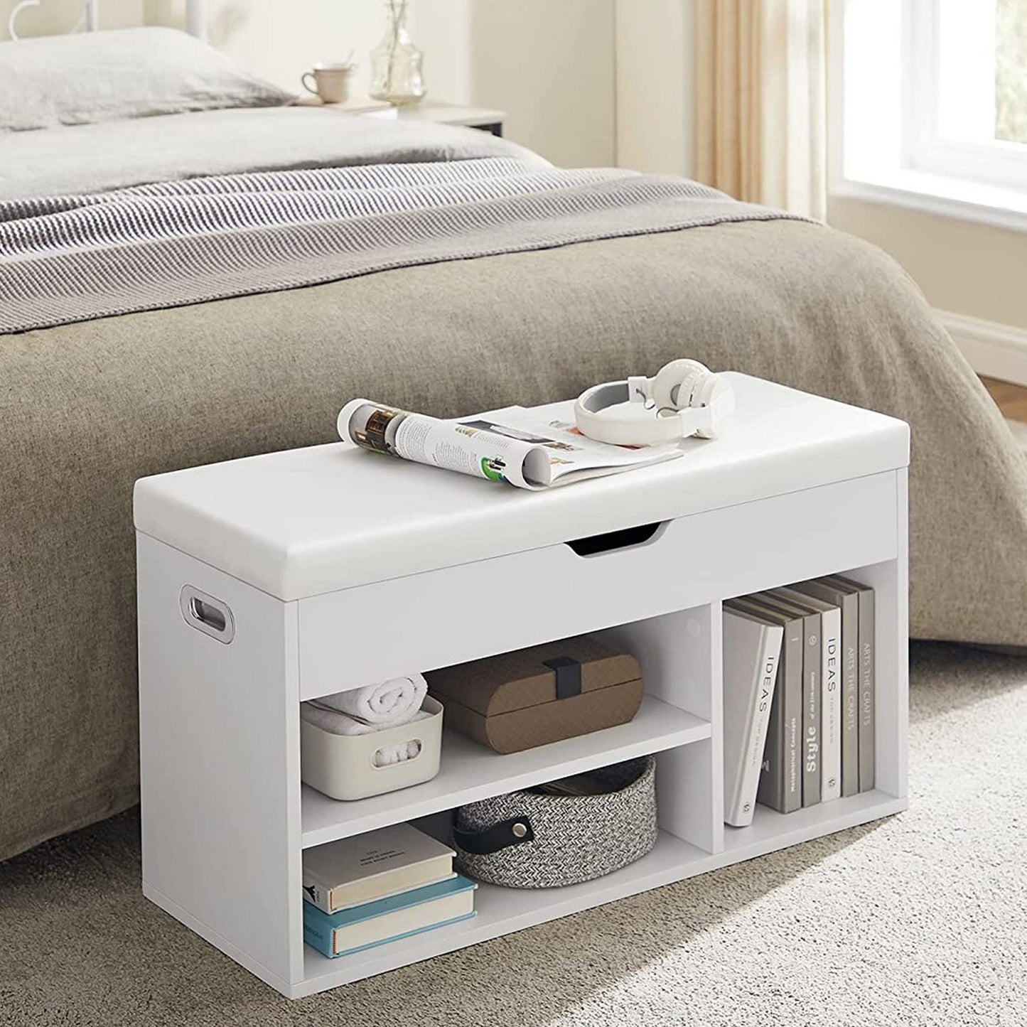 Schuhregal mit Sitzbank, Schuhbank mit Sitzkissen, Betttruhe, 3 Fächer Truhe, Schuhaufbewahrung mit Sitzfläche, Vasagle, 5