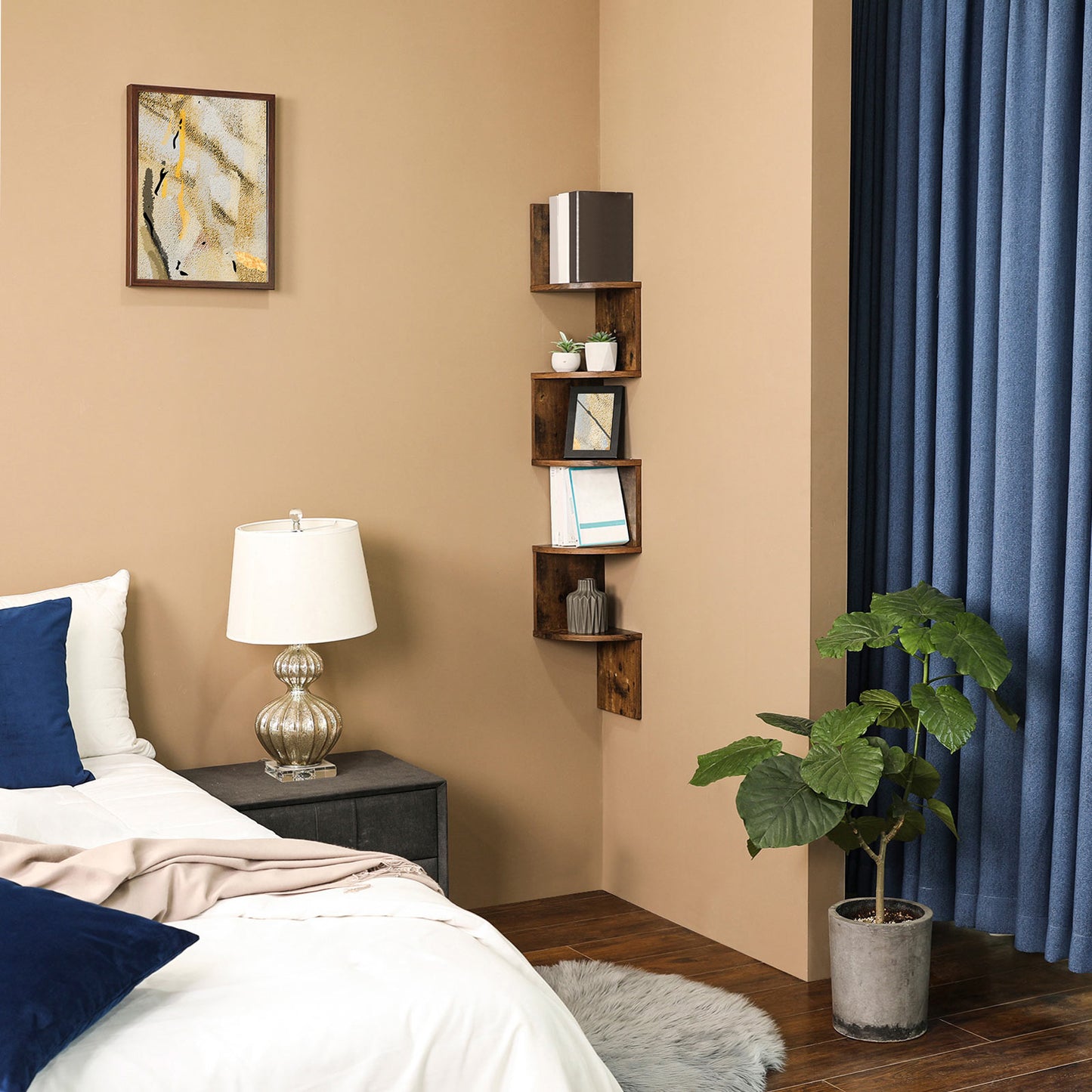 Vasagle - Eckregal mit 5 Ebenen für die Wand, Holzregal, für Küche, Schlafzimmer, Wohnzimmer, Lernzimmer, Büro, Vintage, Dunkelbraun