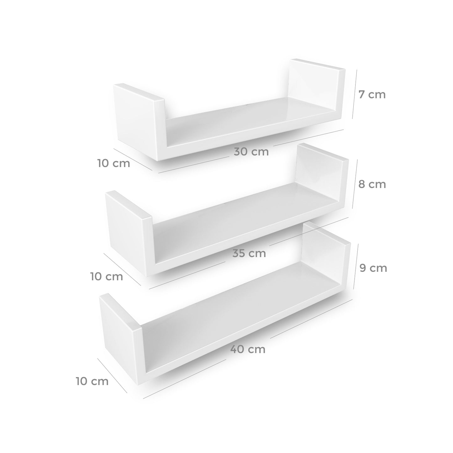 Wandregale, 3er Set, U-förmige Schweberegale, Wandboards aus MDF, Display, unterschiedlich lang, weiß, Songmics, 5