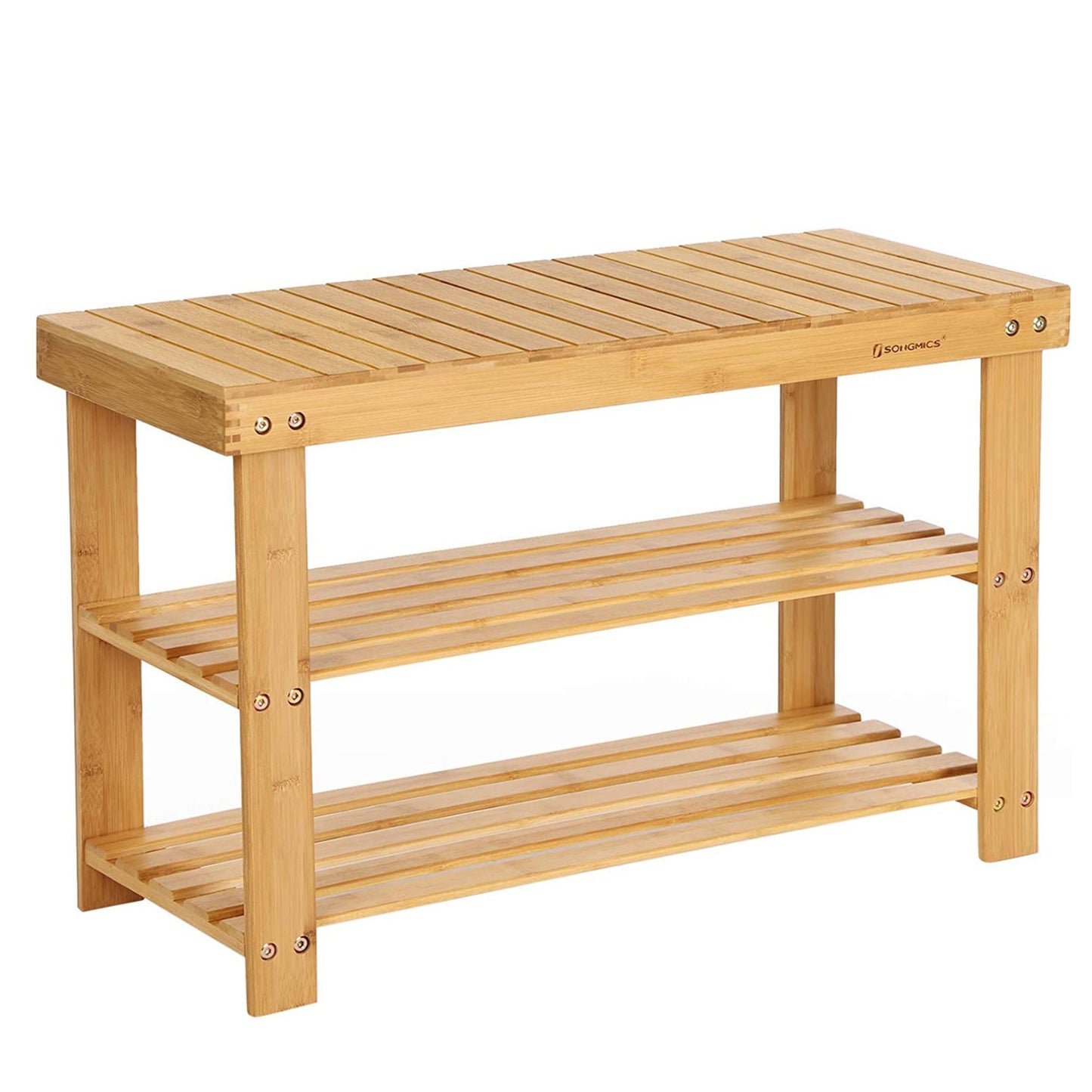 SONGMICS - Sitzbank, mit 3 Ablagen, Bambus, Schuhbank, mit Schuhregal