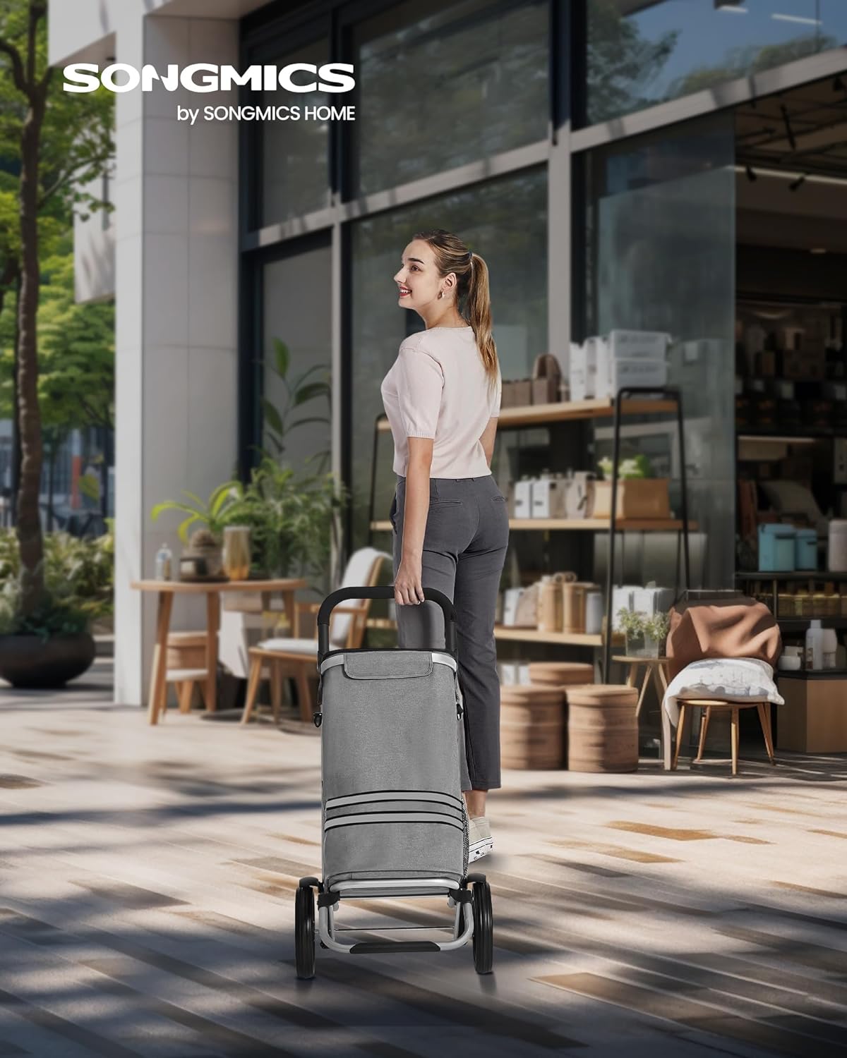 Einkaufstrolley, Trolley, Einkaufswagen mit Kühlfach, groß, 35 Liter, klappbar, Einkaufstasche mit Rollen, grau, SONGMICS, 7