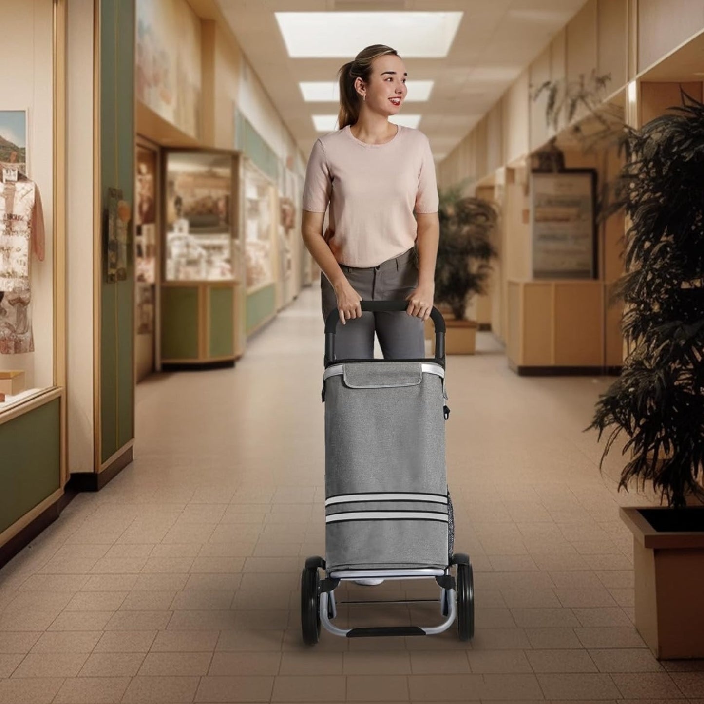 Einkaufstrolley, Trolley, Einkaufswagen mit Kühlfach, groß, 35 Liter, klappbar, Einkaufstasche mit Rollen, grau, SONGMICS