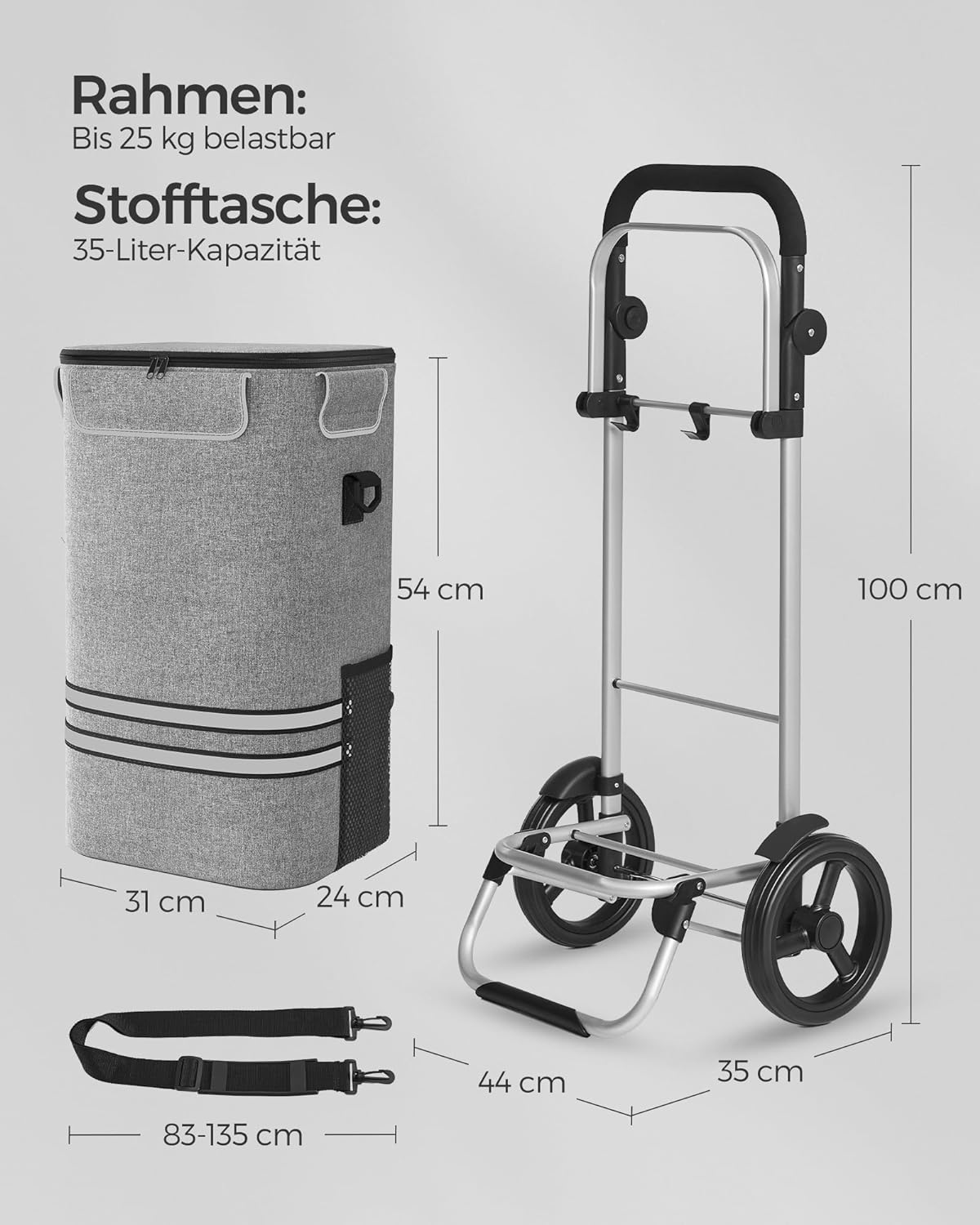 Einkaufstrolley, Trolley, Einkaufswagen mit Kühlfach, groß, 35 Liter, klappbar, Einkaufstasche mit Rollen, grau, SONGMICS, 6