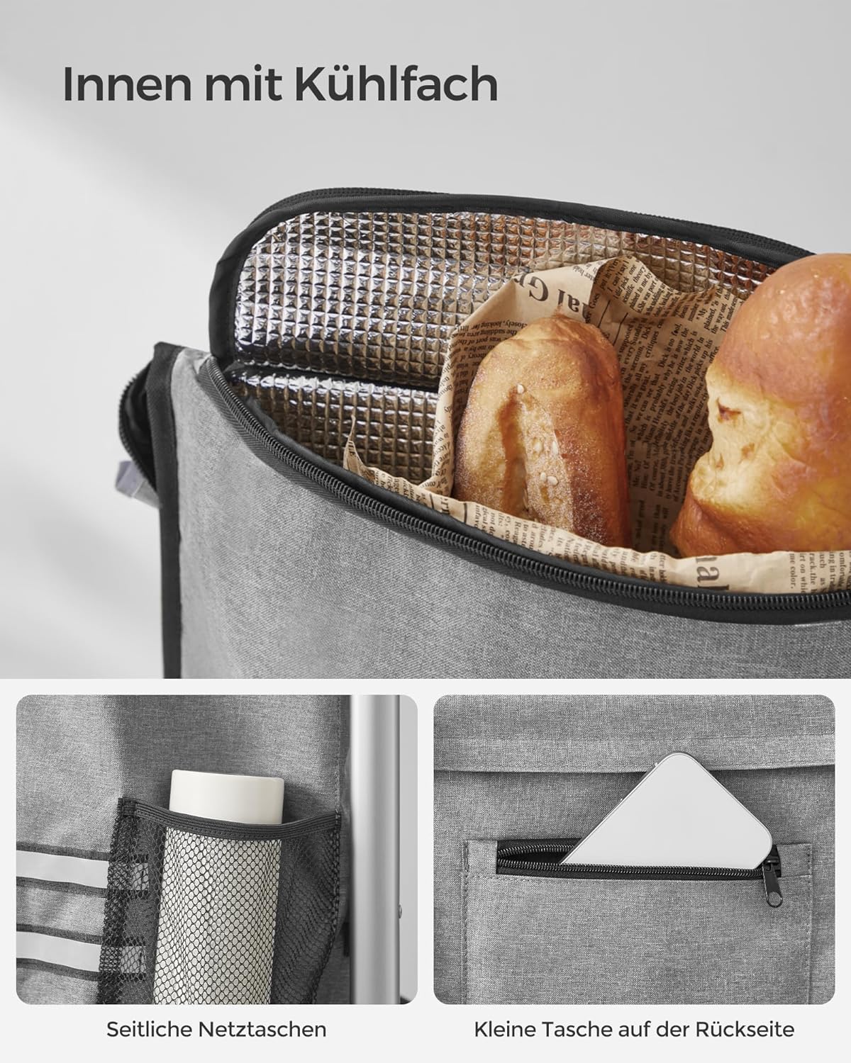 Einkaufstrolley, Trolley, Einkaufswagen mit Kühlfach, groß, 35 Liter, klappbar, Einkaufstasche mit Rollen, grau, SONGMICS, 3