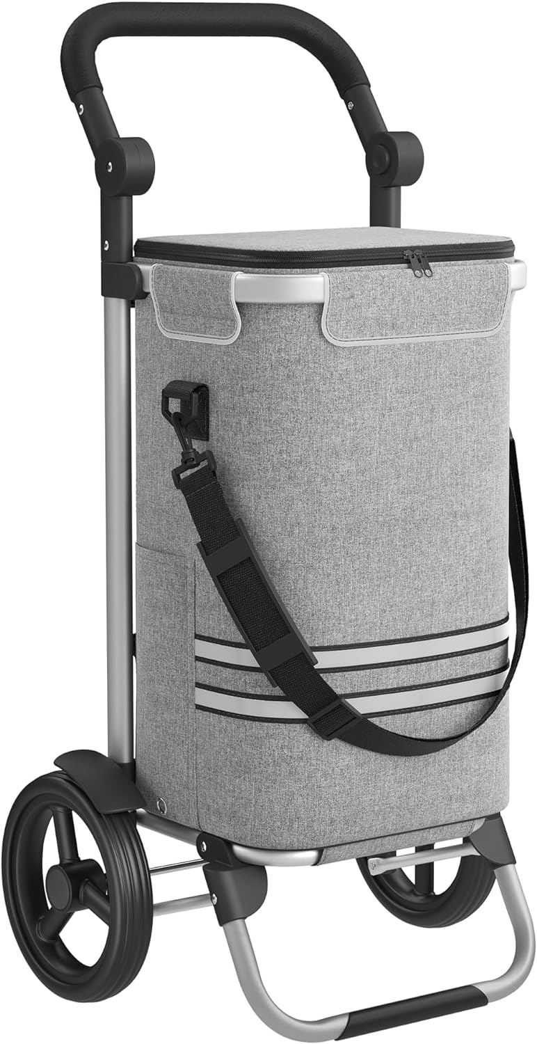 Einkaufstrolley, Trolley, Einkaufswagen mit Kühlfach, groß, 35 Liter, klappbar, Einkaufstasche mit Rollen, grau, SONGMICS, 8