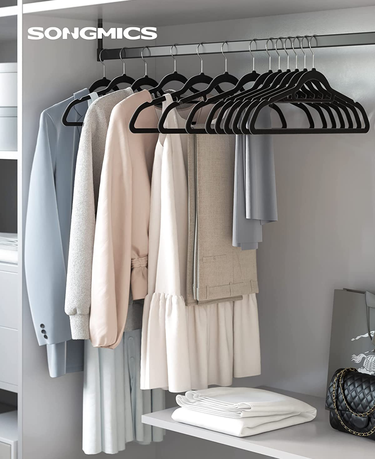 Kleiderbügel, Kleiderbügel Samt, 20er Set, Bügel aus Massivholz, rutschfester Hosensteg, um 360° drehbarer Haken, silbern, SONGMICS