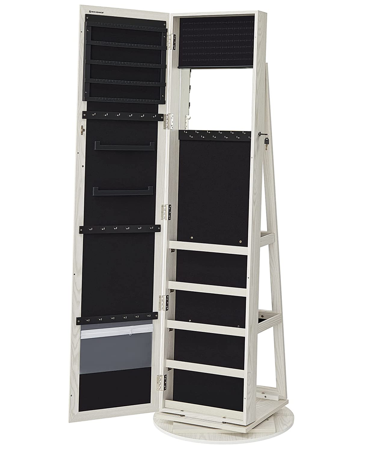 SONGMICS - Schmuckschrank, 360° drehbar, Spiegelschrank, mit Ganzkörperspiegel, Schmuckaufbewahrung mit Schlüsseln, weiß