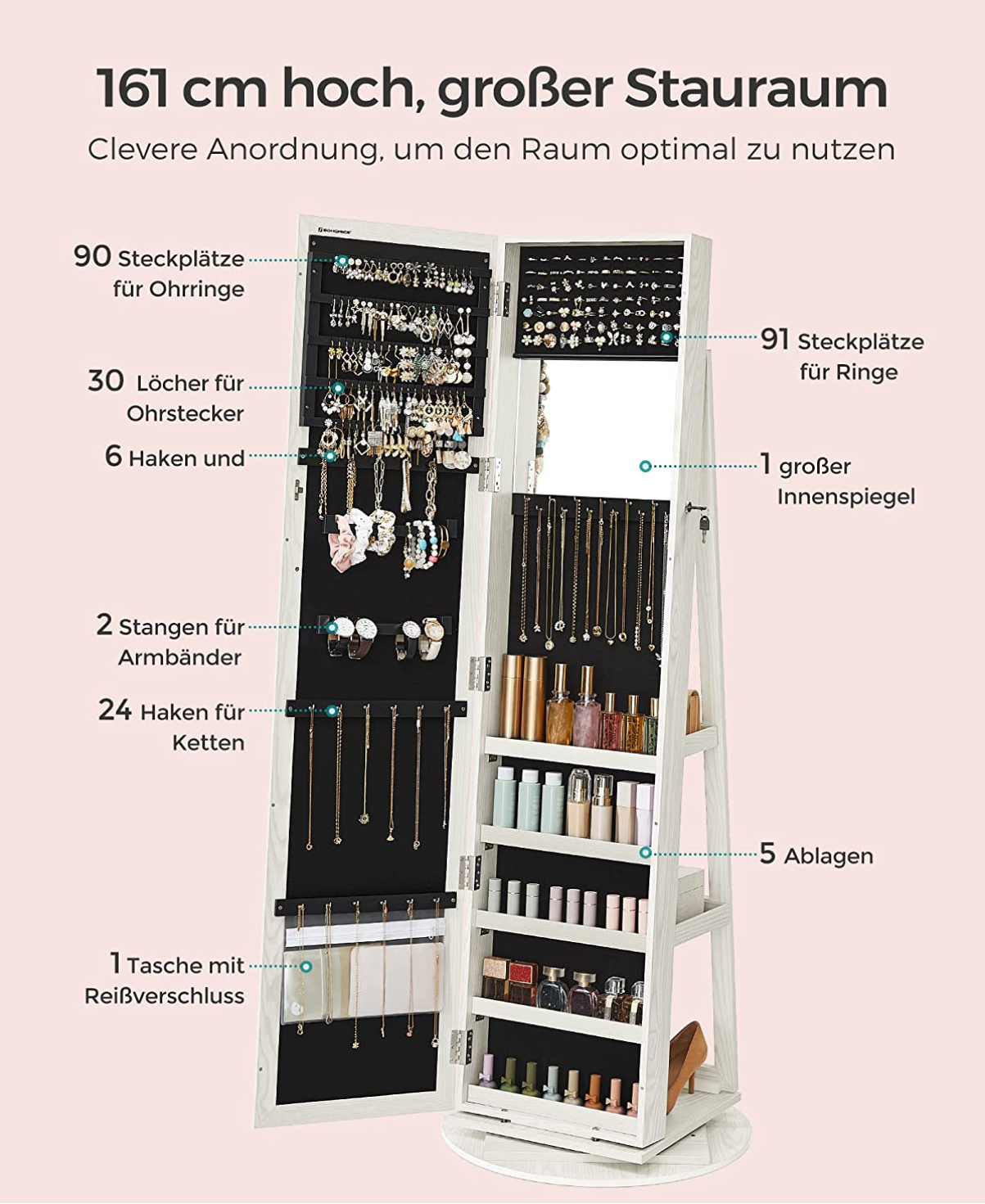 SONGMICS - Schmuckschrank, 360° drehbar, Spiegelschrank, mit Ganzkörperspiegel, Schmuckaufbewahrung mit Schlüsseln, weiß