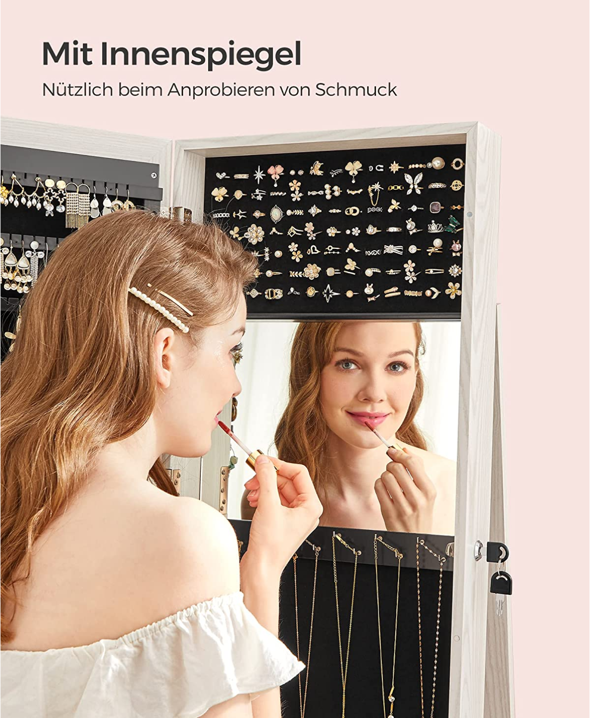 SONGMICS - Schmuckschrank, 360° drehbar, Spiegelschrank, mit Ganzkörperspiegel, Schmuckaufbewahrung mit Schlüsseln, weiß
