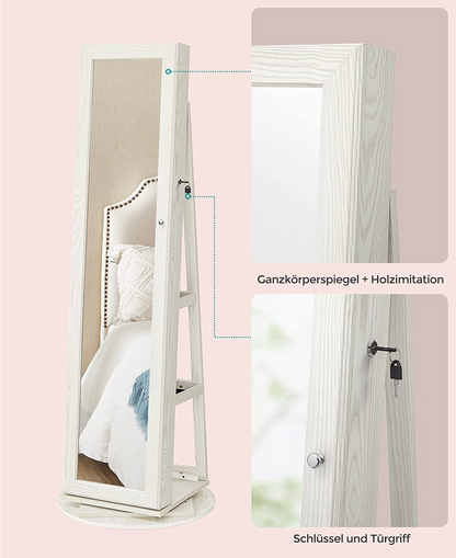 SONGMICS - Schmuckschrank, 360° drehbar, Spiegelschrank, mit Ganzkörperspiegel, Schmuckaufbewahrung mit Schlüsseln, weiß
