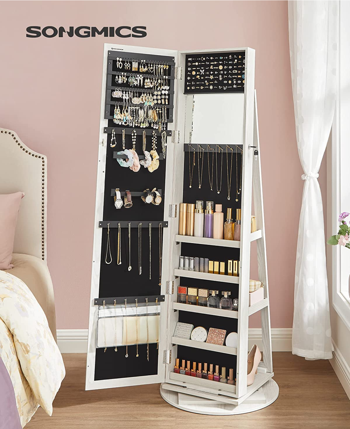 SONGMICS - Schmuckschrank, 360° drehbar, Spiegelschrank, mit Ganzkörperspiegel
