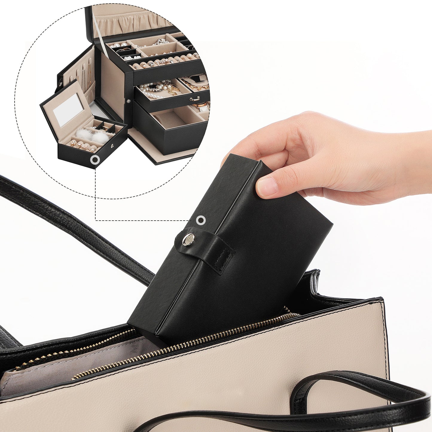 Songmics - Schmuckkästchen, Schmuckkasten mit 2 Schubladen, abschließbarer Schmuck Organizer mit Spiegel, herausnehmbare Reise Schmuckbox, Schwarz