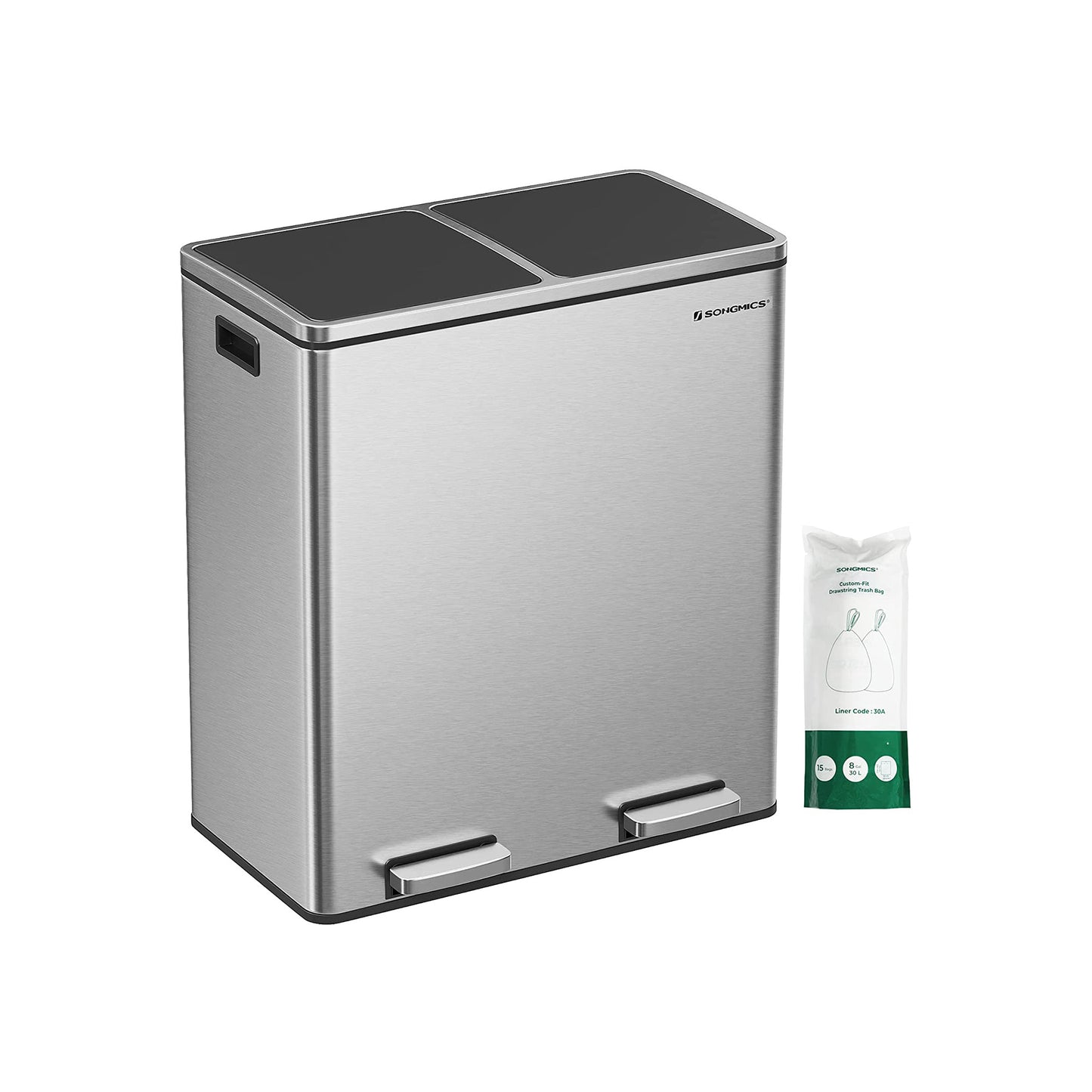 Mülleimer, Mülleimer Küche, Mülltrennsystem, mit 2 Inneneimern, 2 x 30 L Treteimer, Abfalleimer mit Fußpedal, SONGMICS, 3