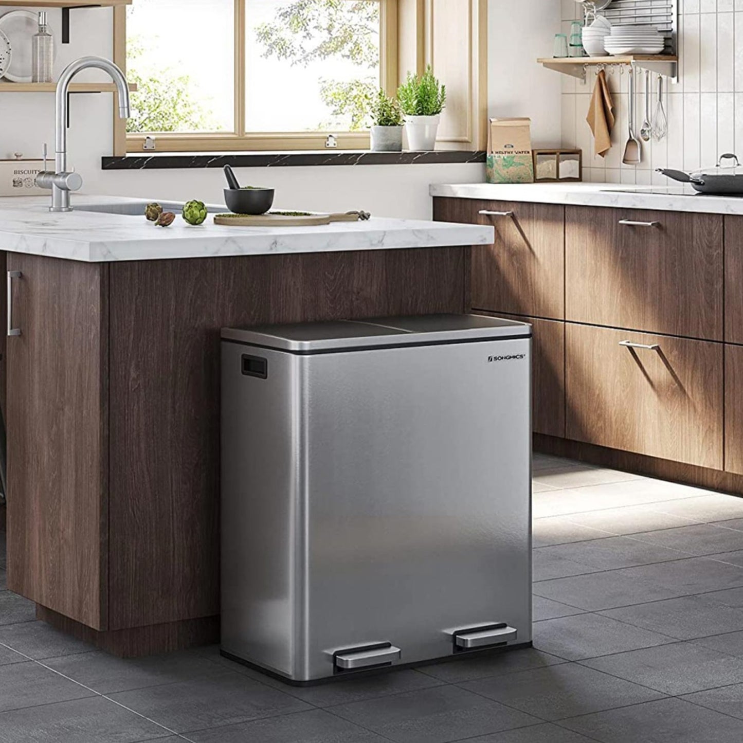 Mülleimer, Mülleimer Küche, Mülltrennsystem, mit 2 Inneneimern, 2 x 30 L Treteimer, Abfalleimer mit Fußpedal, SONGMICS, 1