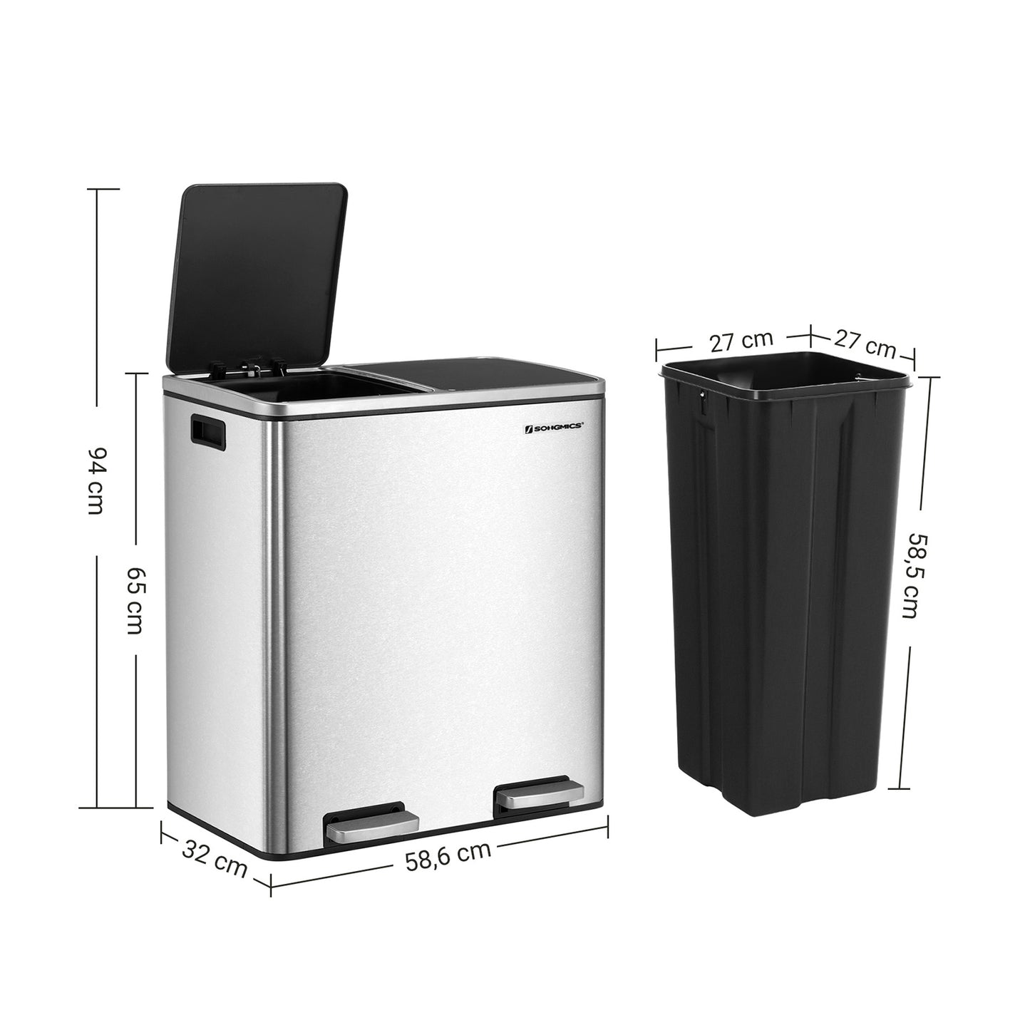 Mülleimer, Mülleimer Küche, Mülltrennsystem, mit 2 Inneneimern, 2 x 30 L Treteimer, Abfalleimer mit Fußpedal, SONGMICS, 5