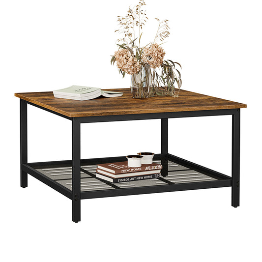 VASAGLE Couchtisch, Kaffeetisch, aus Stahl, mit Gitterablage, quadratisch, Industrie-Design, für Wohnzimmer, vintagebraun-schwarz