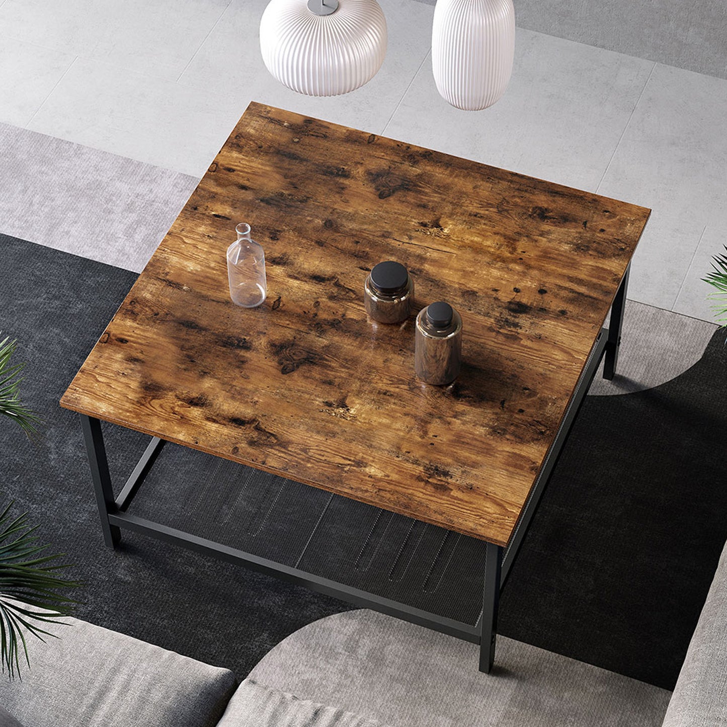 VASAGLE - Couchtisch, Kaffeetisch, aus Stahl, mit Gitterablage, quadratisch, Industrie-Design, vintagebraun-schwarz