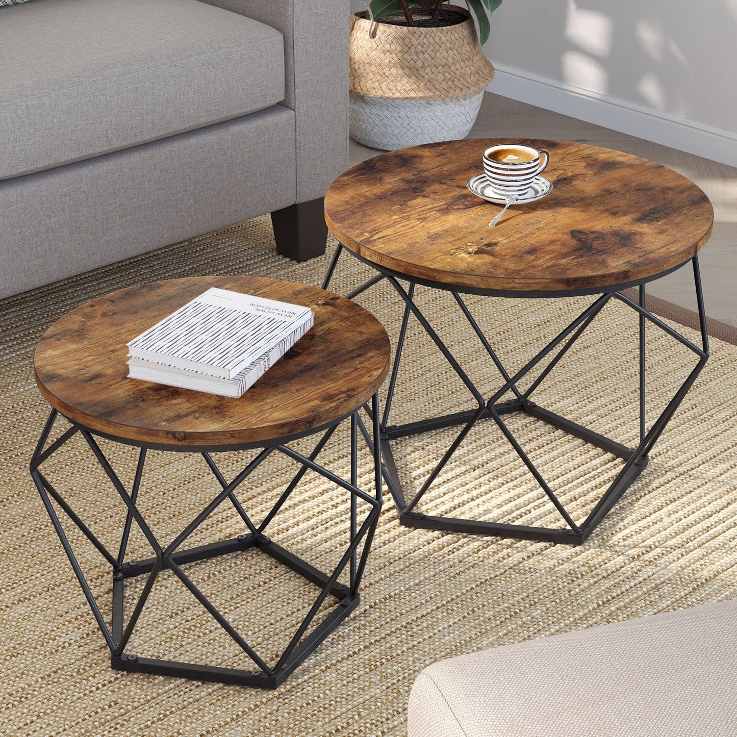 Beistelltische, 2er Set, Couchtisch Round, Couchtisch Holz, Couchtische mit Korbfunktion, Vintage, Vasagle, 1