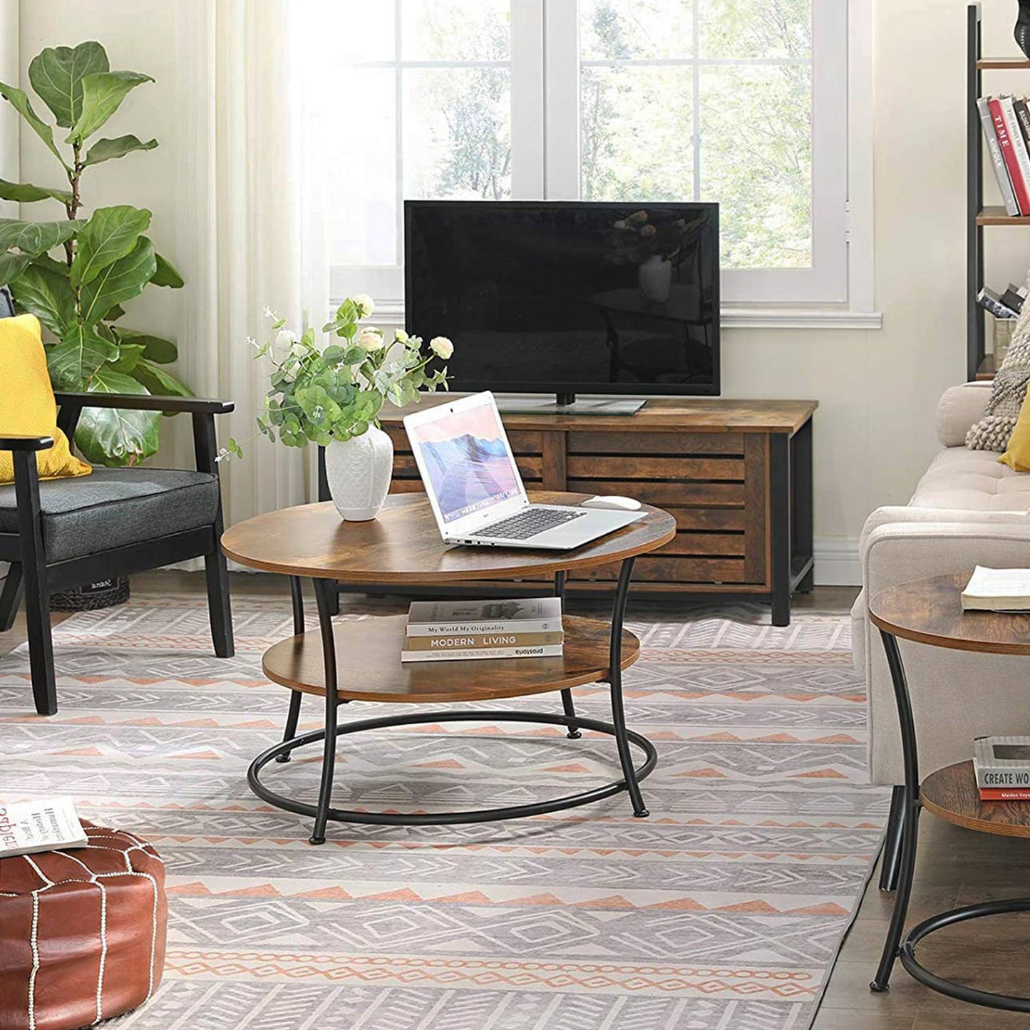 Couchtisch, Couchtisch rund, Wohnzimmertisch, Sofatisch mit Ablage, einfacher Aufbau, Vasagle, 4