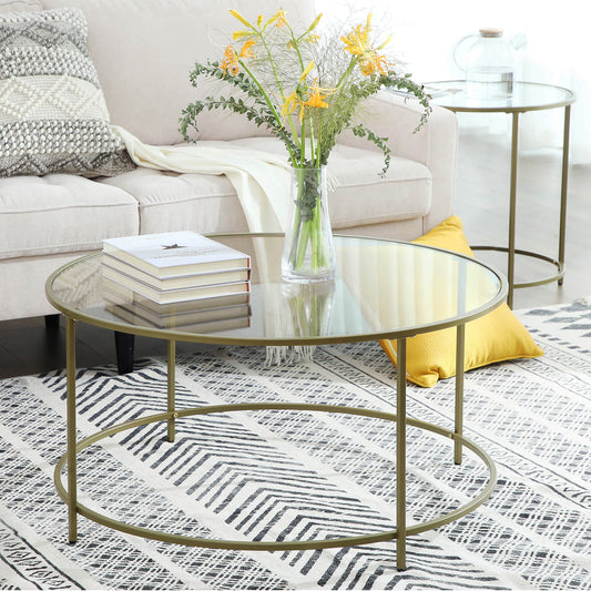 Vasagle - Couchtisch rund, Beistelltisch, Glastisch mit goldenem Eisen-Gestell