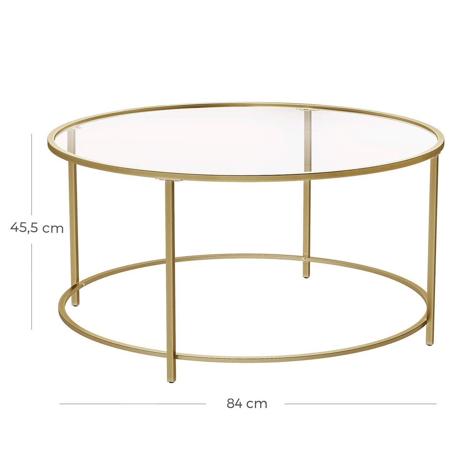 Couchtisch rund, Beistelltisch, Glastisch mit goldenem Eisen-Gestell, Wohnzimmertisch, Sofatisch