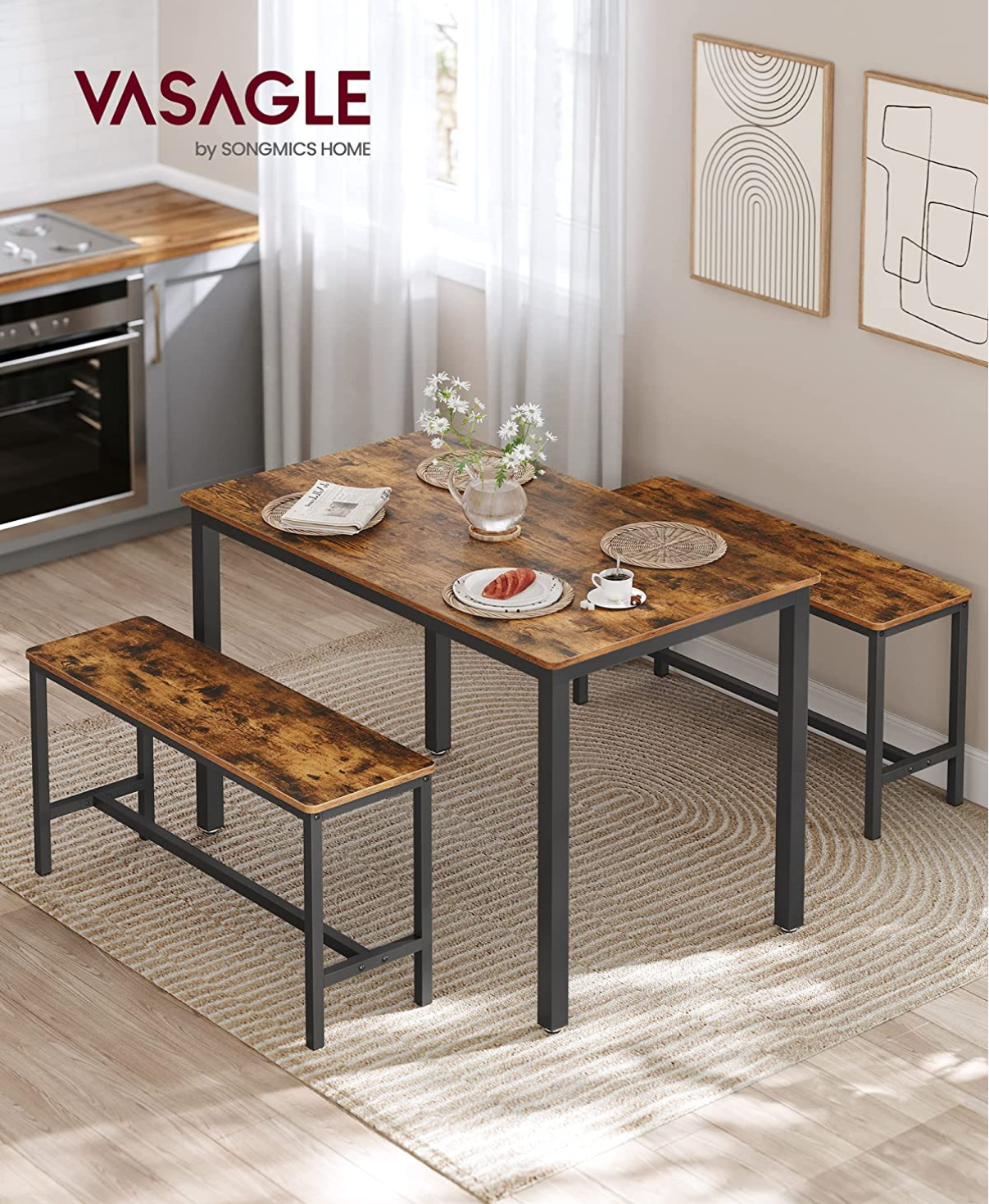 Esstisch, mit 2 Bänken, 3er-Set, Küchentisch, 70x110x75 cm, 2 Bänke je 30 x 97 x 50 cm, Stahlgestell, vintage, VASAGLE, 3