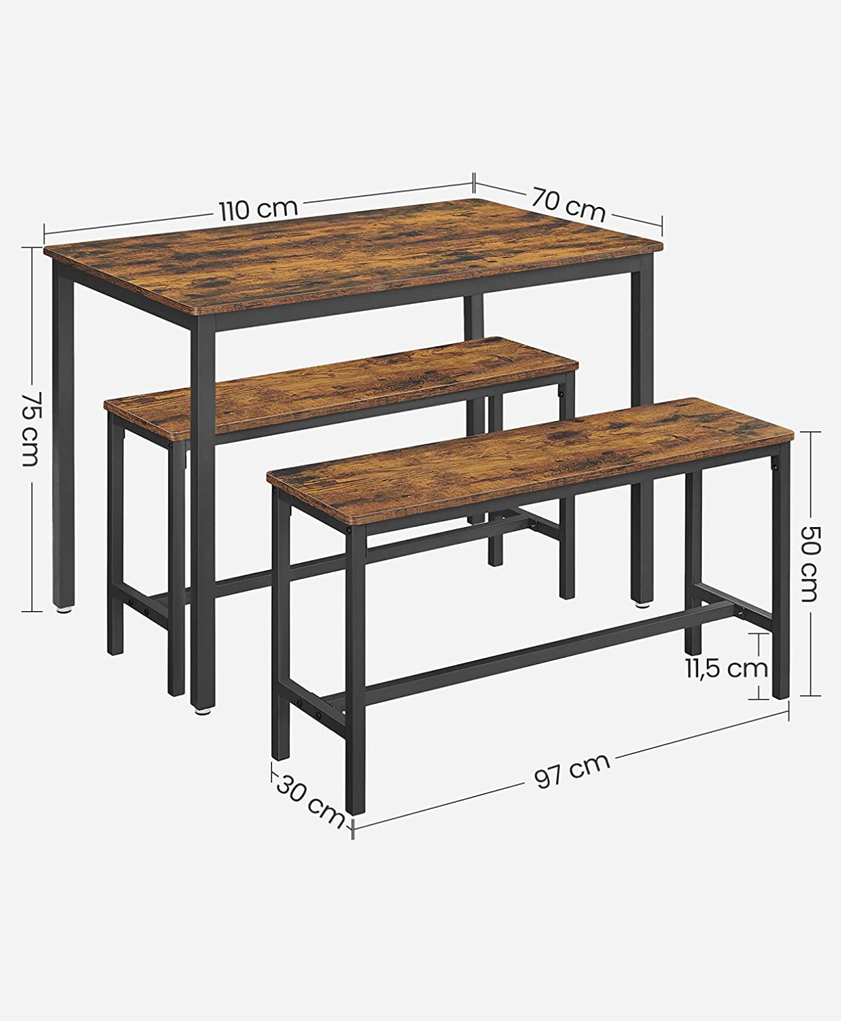 Esstisch, mit 2 Bänken, 3er-Set, Küchentisch, 70x110x75 cm, 2 Bänke je 30 x 97 x 50 cm, Stahlgestell, vintage, VASAGLE, 10