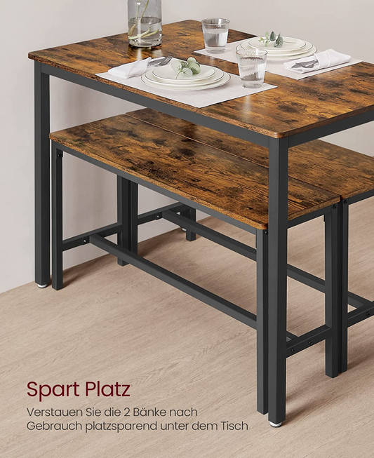 Esstisch, mit 2 Bänken, 3er-Set, Küchentisch, 70x110x75 cm, 2 Bänke je 30 x 97 x 50 cm, Stahlgestell, vintage, VASAGLE, 4