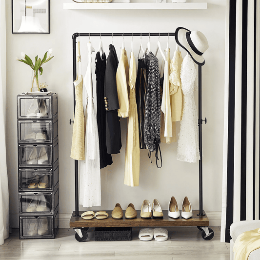 Kleiderständer, Kleiderständer Holz, Kleiderständer stabil, Kleiderständer Rollen, Garderobenständer mit Ablage, bis 115 kg