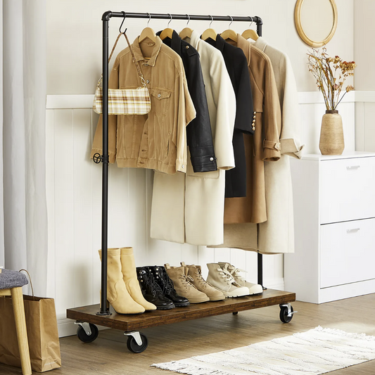 Kleiderständer, Kleiderständer Schwerlast, Garderobenständer, Kleiderstange - bis 115kg, mit Ablage, auf Rollen