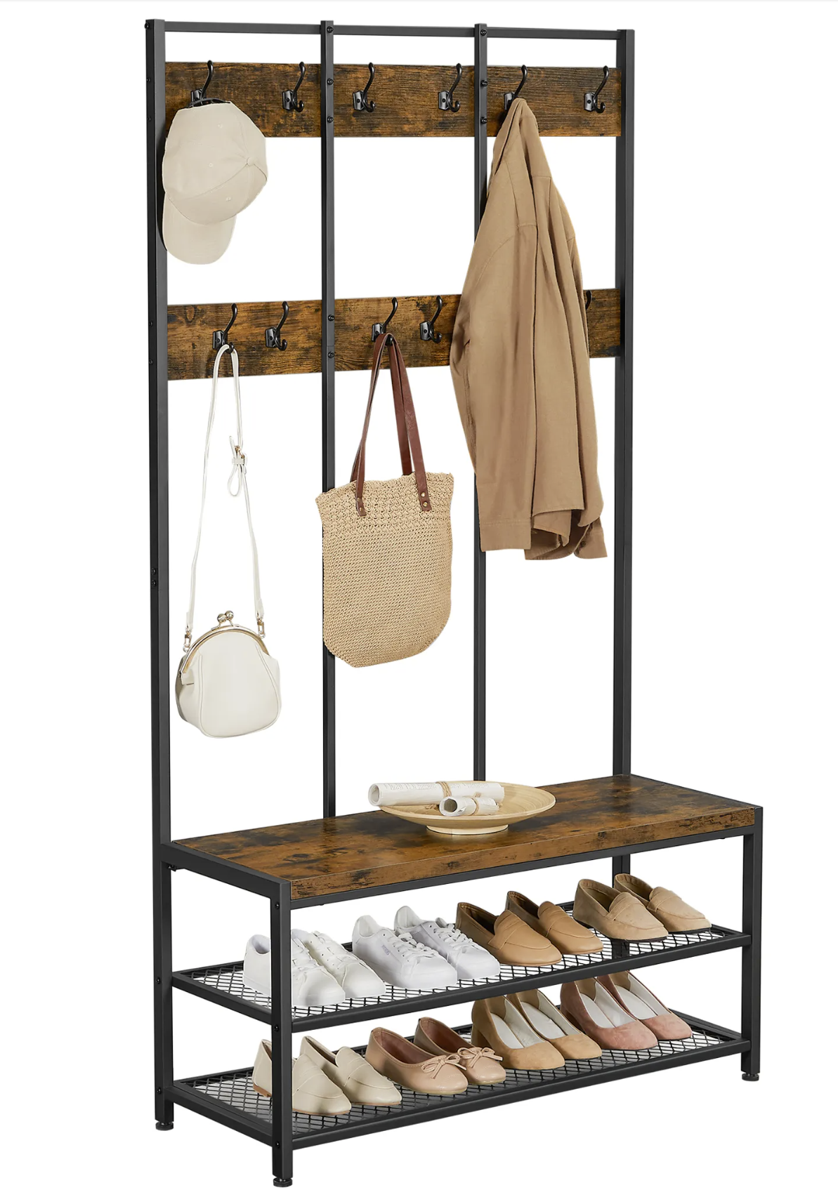 Garderobe mit Sitzbank Modern, Kleiderständer mit Kleiderhaken und Schuhregalen, vintage garderobe mit sitzbank