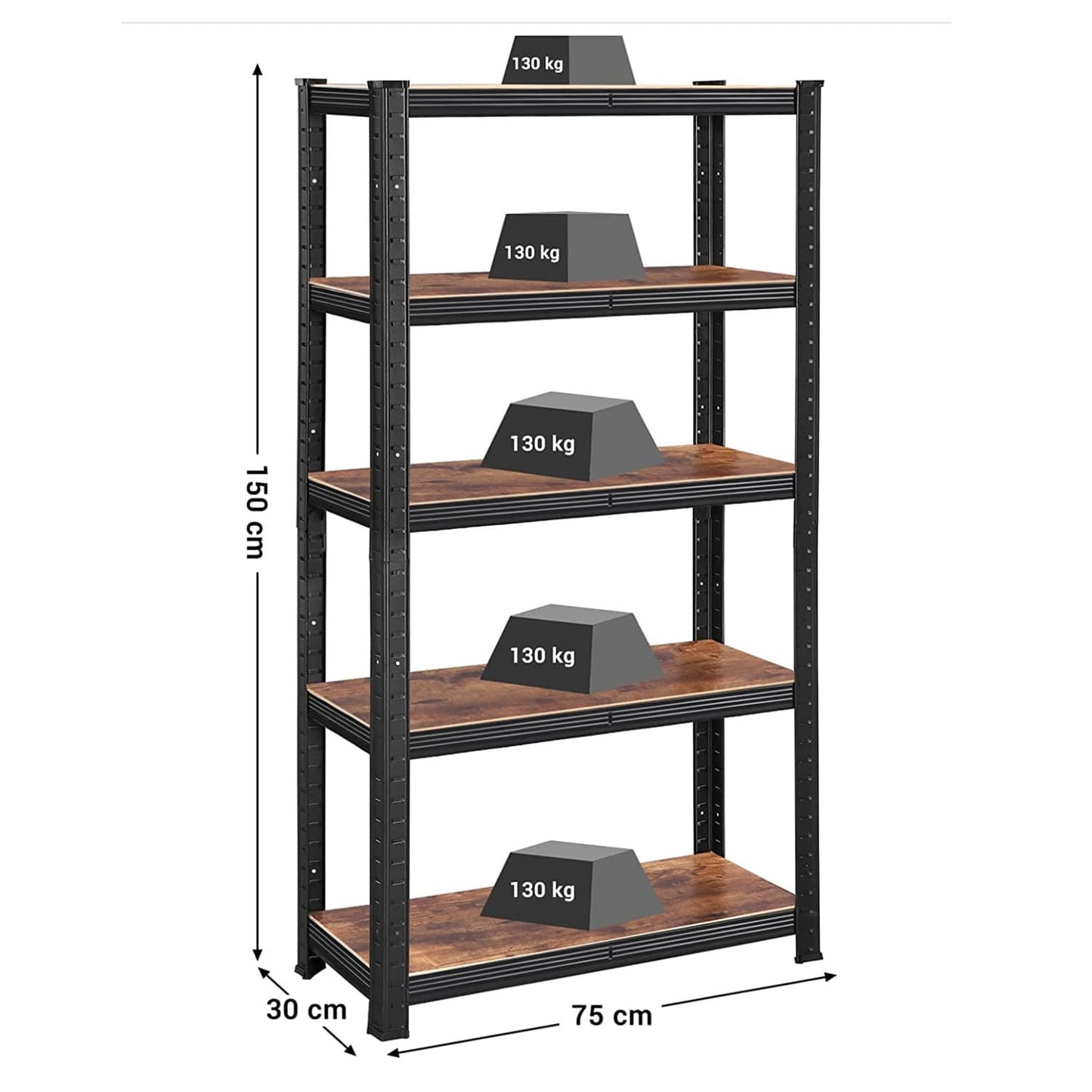Lagerregal, Schwerlastregal, bis 650kg belastbar, verstellbare Ablagen, 5 Ablagen, 30x75x150cm